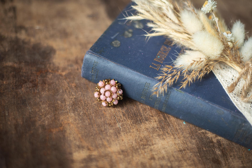 Vintage Pink Floral Brooch, 1970s Brass Tone Pin with Glass Beads