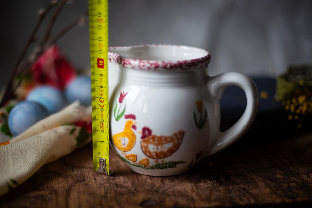Easter table serving with Chicken Rooster Art, Vintage Ceramic Pitcher, Rustic, Farmhouse Kitchen