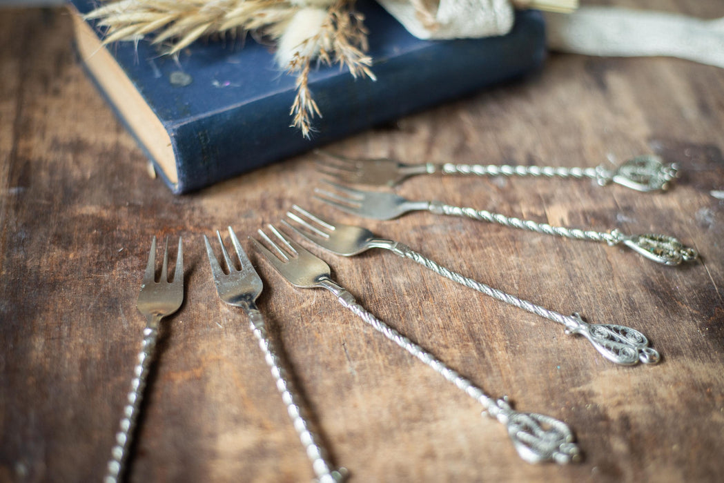 Vintage 1950s German Dessert Fork Set, Silver Tone Filigree Snack Cutlery