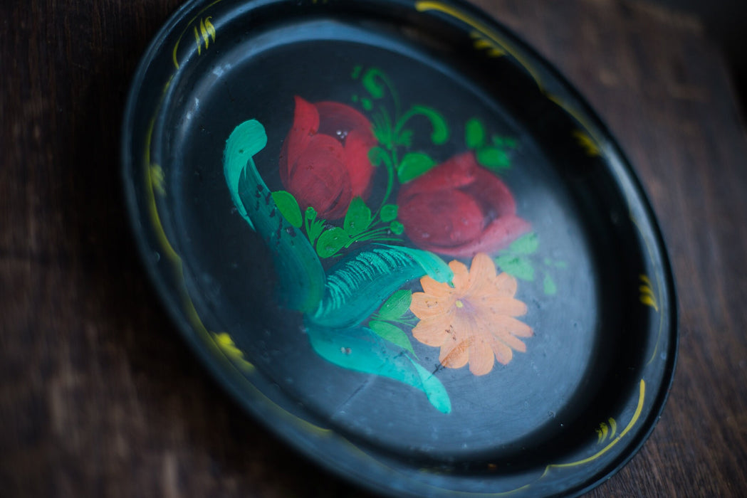 Vintage Metal Tray - Hand Painted Round Floral Dinner Plate with Petrikivka Flower Pattern