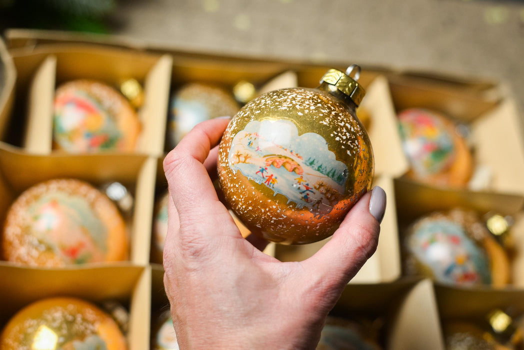 Vintage Glass Ornaments – Set of 12 Gold Christmas Baubles with Snowy Winter Scenes
