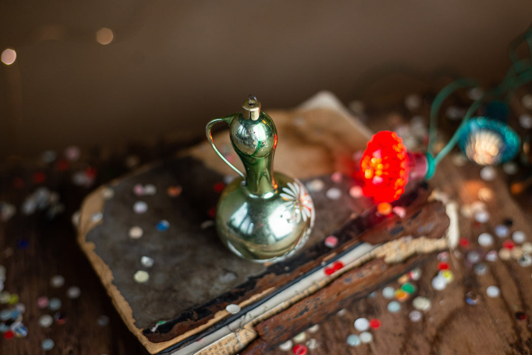 Vintage Glass Jug Christmas Ornament, Hand Painted Floral