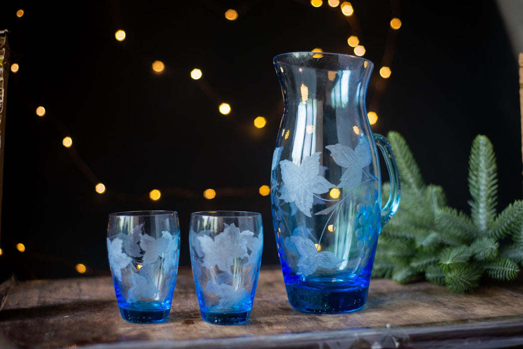 Vintage Blue Glass Drinkware Set with Pitcher, Wine Glasses, Water Tumblers & Candy Bowl, 1970s