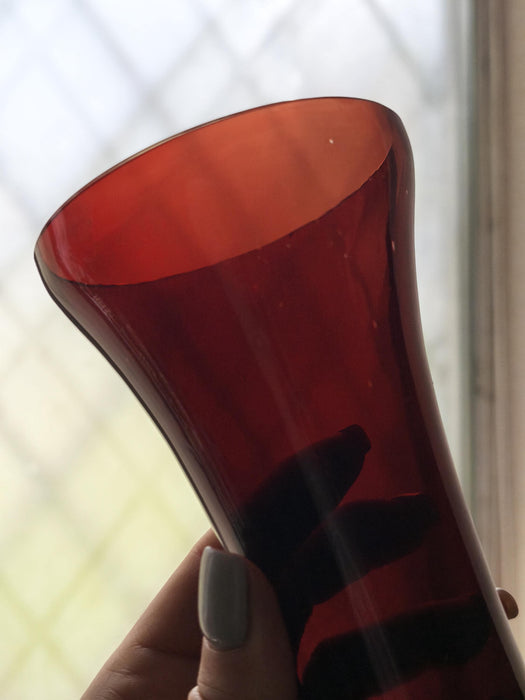 Wine Red Glass Vase Mid Century, Retro Bud Vase Aesthetic Decor