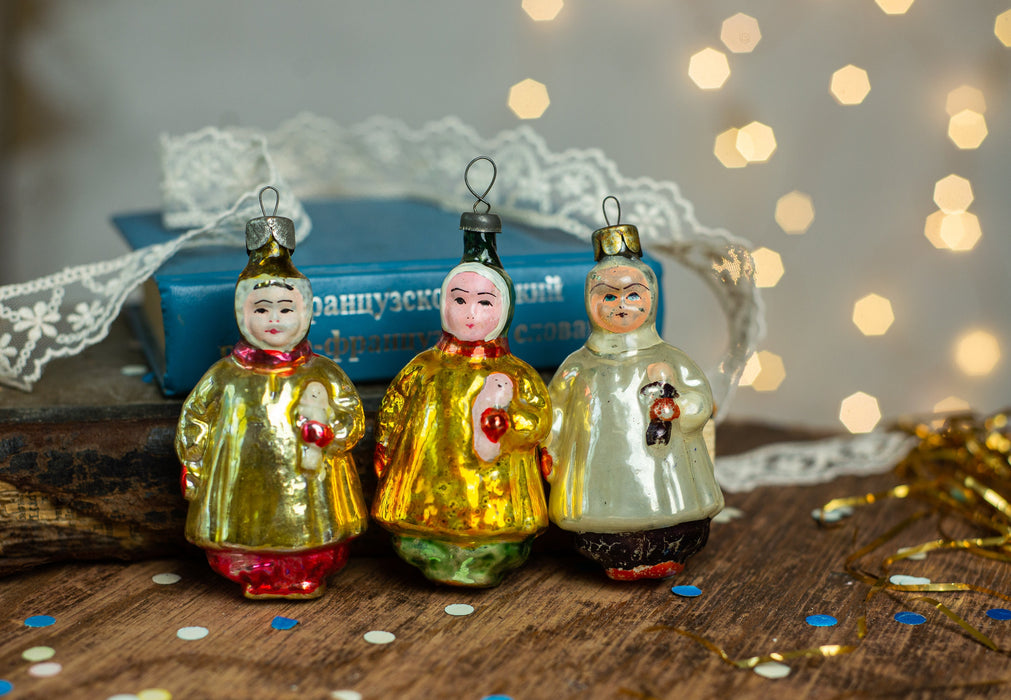 Vintage Girl Glass Ornament, 1960s Soviet Christmas