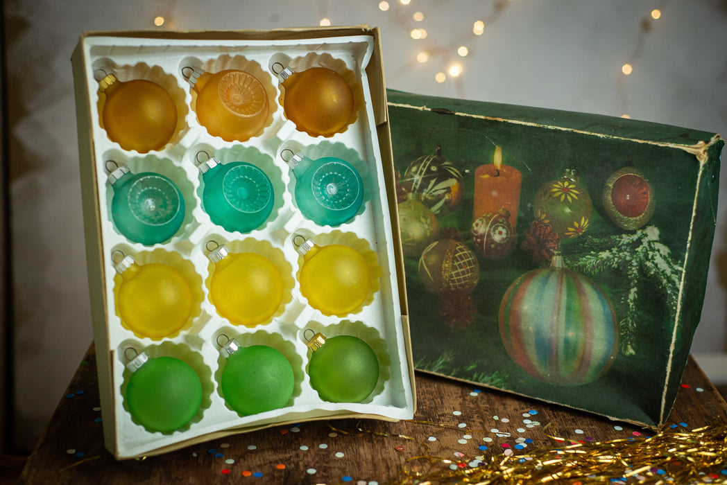 Vintage Frosted Glass Ornaments, 1980s Matte Multicolour Baubles.