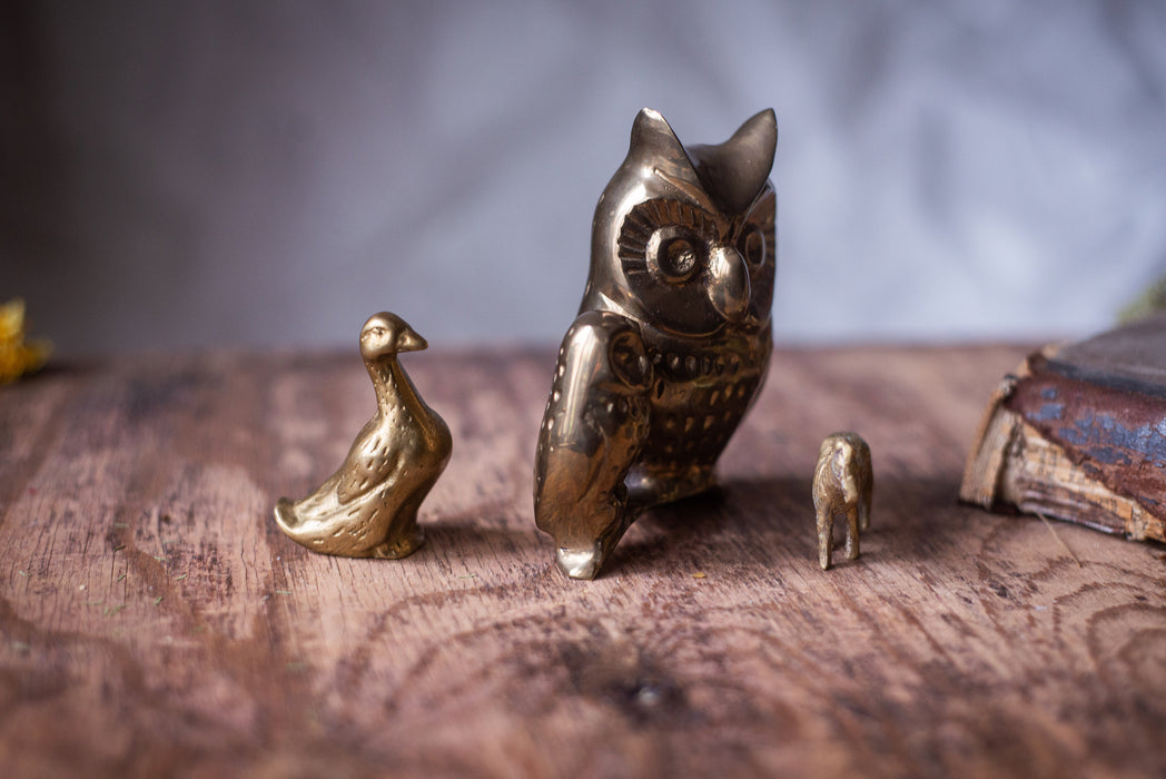 Vintage Brass Animal Figurines, European Owl Goose Horse Figurine