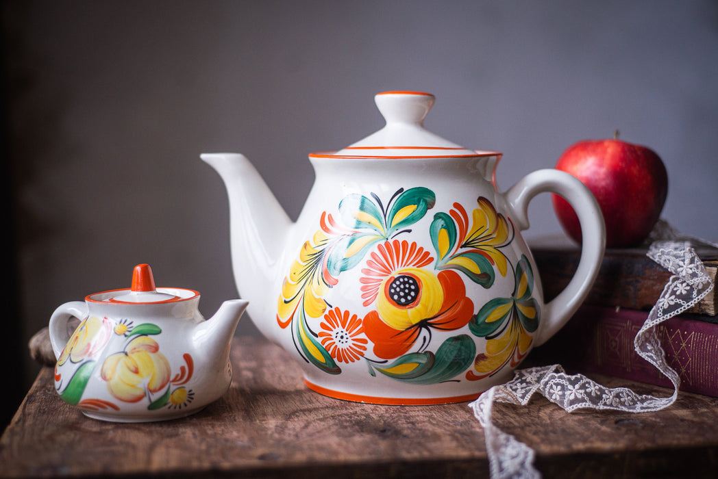 Vintage Ceramic Teapot Set with Petrikivka Flowers, Hand Painted Folk Art Tea Duo