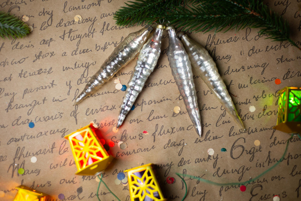 Silver Glass Icicle Christmas Ornaments, Set of 4 – 11 cm