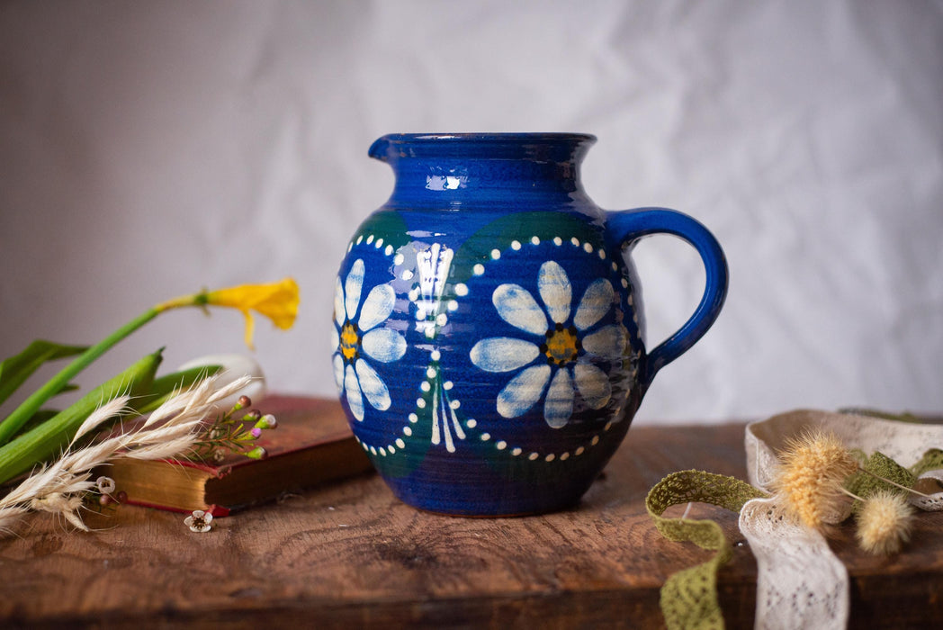 Blue Ceramic Pitcher with Daisies – Rustic German Farmhouse Jug