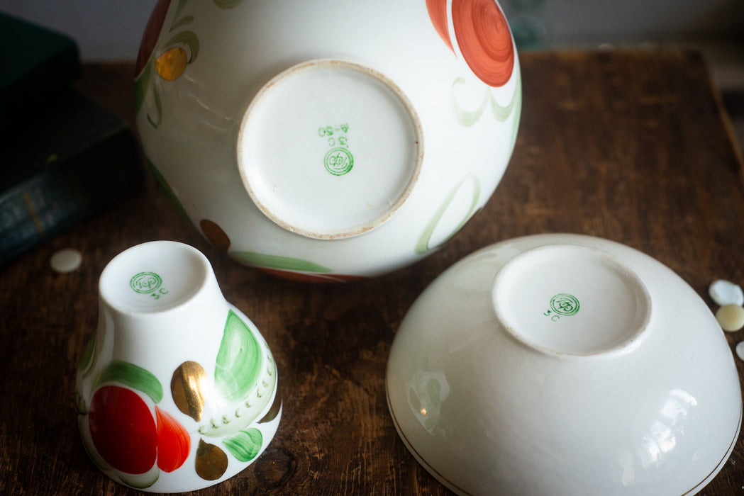 Vintage Porcelain Breakfast Set with Hand Painted Flowers, Rustic Tea Serving Trio