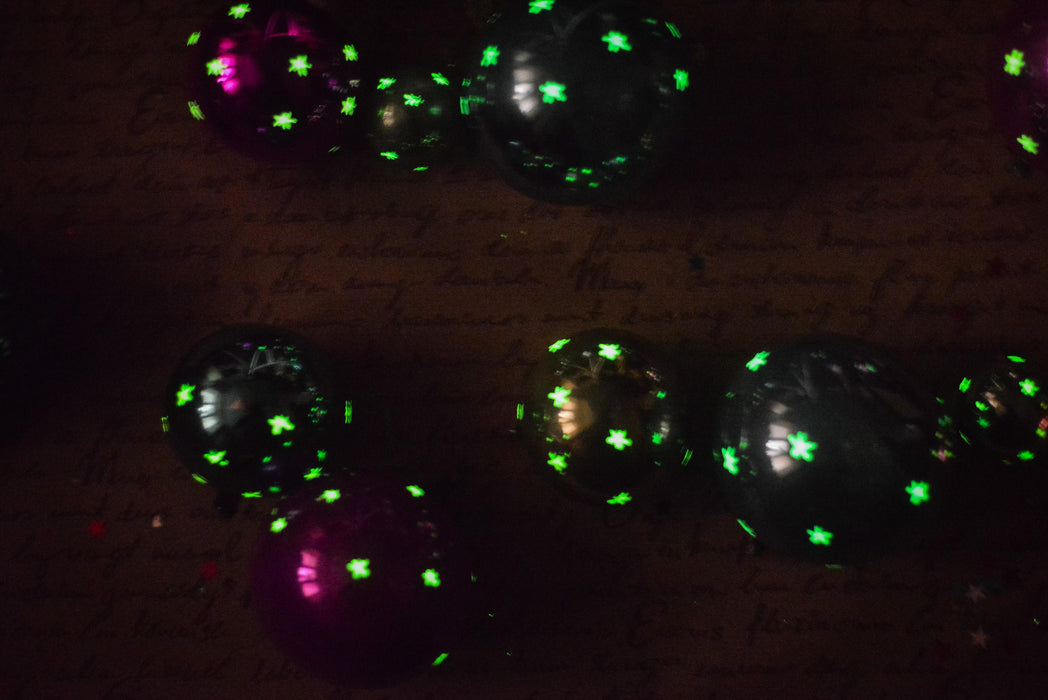 Vintage Glass Christmas Ornaments Set, Glow in Dark Stars, 1970s Teal Pink Balls