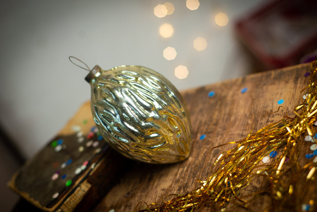 Large Vintage Glass Walnut Ornament, Gold Christmas Tree