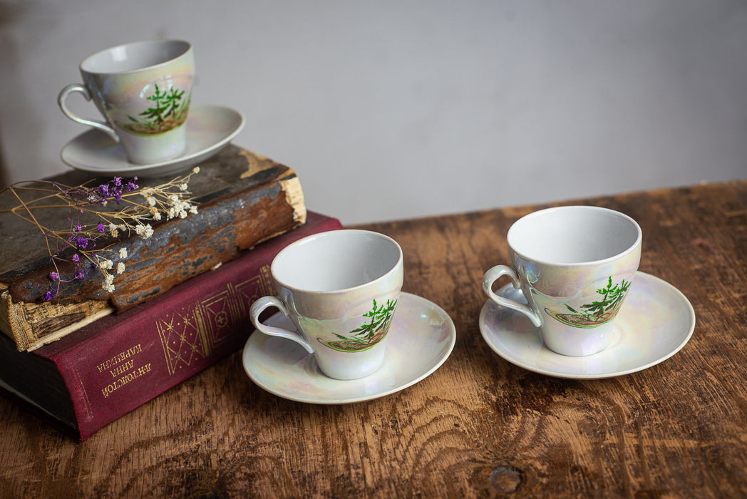 Vintage Porcelain Mini Teacup Set: Pearlescent Pine Design, USSR 1970s