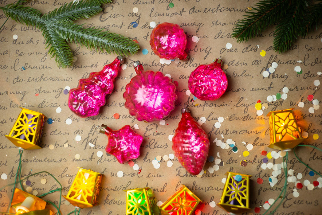 Vintage Pink Faceted Glass Christmas Ornaments Set of 6, 1950s Baubles