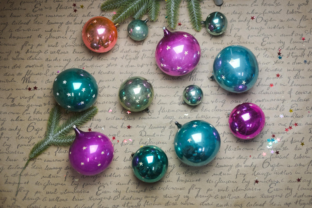 Vintage Glass Christmas Ornaments Set, Glow in Dark Stars, 1970s Teal Pink Balls