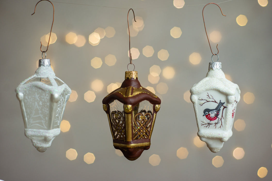 Vintage Glass Lantern Ornament, Hand Painted Christmas