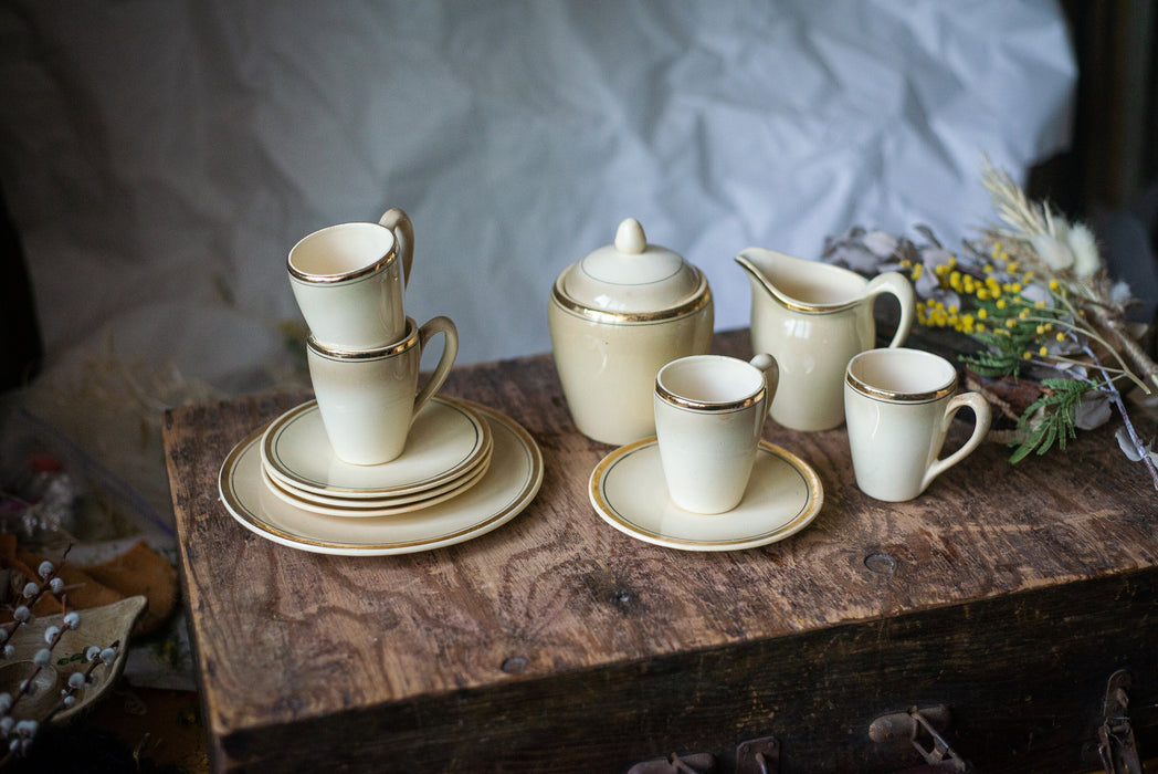 Vintage Porcelain tea set, milk jug, sugar bowl, beige gold breakfast serving set