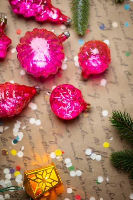 Vintage Pink Faceted Glass Christmas Ornaments Set of 6, 1950s Baubles