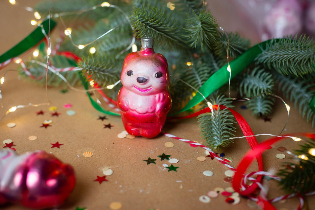 Vintage Pink Glass Bear Christmas Ornament, 1970s