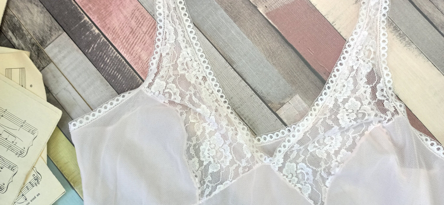 Vintage Beige Slip Dress – Sheer Nightgown With Lace Trimmed Detail