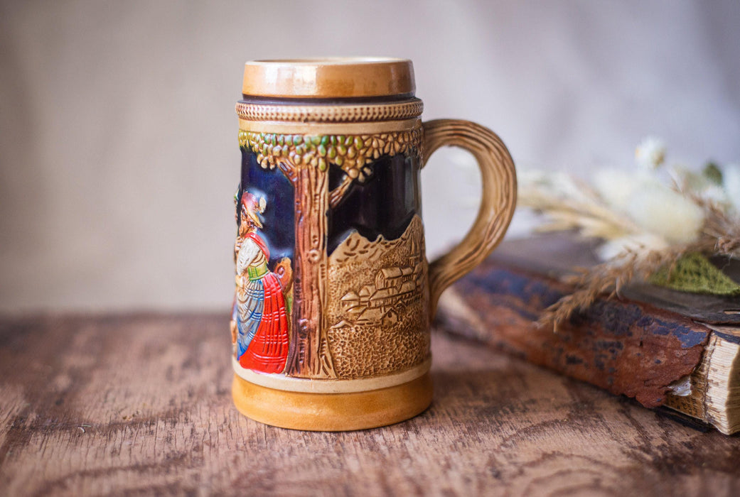 Vintage Ceramic Beer Mug German Folk Relief Stein Oktoberfest Barware