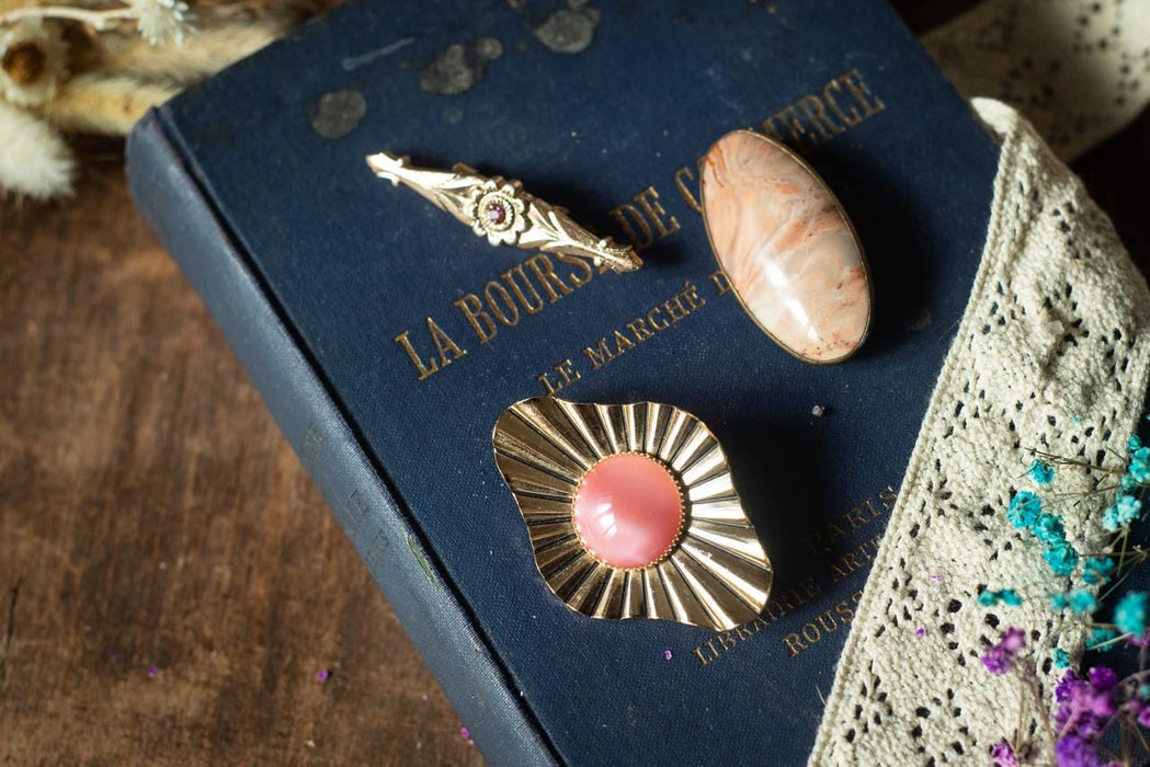 Natural Stone Brooch, Vintage Pink Crystal Jewelry, Gold Tone Filigree Lapel Pin, Antique Victorian Retro Shawl Pin, Gift for Mom