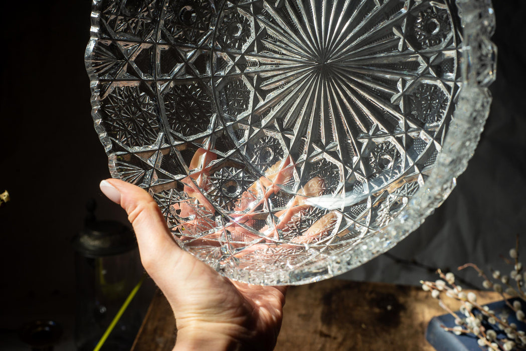 Vintage Cut Crystal Bowl, 1970s Clear Crystal Centerpiece