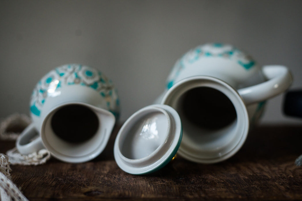 Vintage Porcelain Teapot and Creamer Set, Turquoise Floral USSR Tableware
