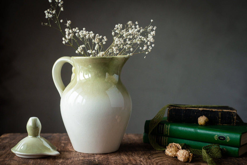 Vintage ceramic pitcher, Pottery milk jug with lid,  lidded carafe, Water or tea jug, Ceramic dinnerware