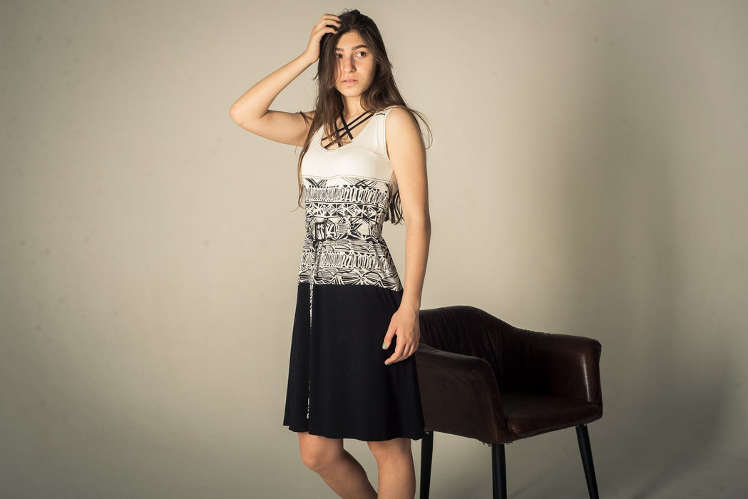 Vintage Midi Dress – 80s Retro Sundress with Adjustable Waist Belt | Black White Dress