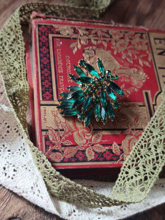 Vintage Green Rhinestone Brooch 1970s, Emerald Crystal Statement Pin