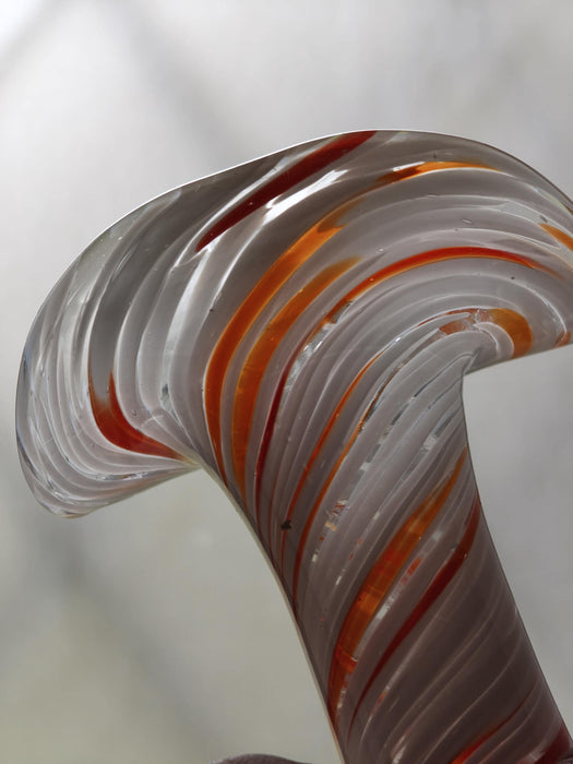 Murano Style Swirl Glass Vase, Hand Blown White Orange Mid Century Decor