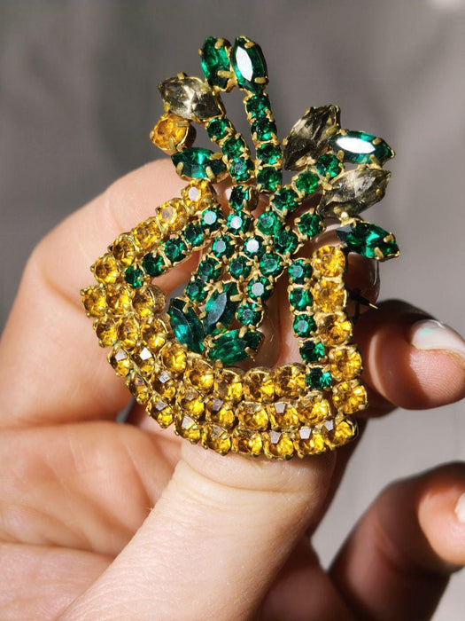 Vintage Green and Yellow Rhinestone Brooch 1970s, Bold Crystal Statement Pin