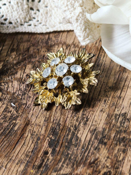 Vintage Rhinestone Brooch, Gold Tone Statement Pin Mid Century Elegant Jewelry