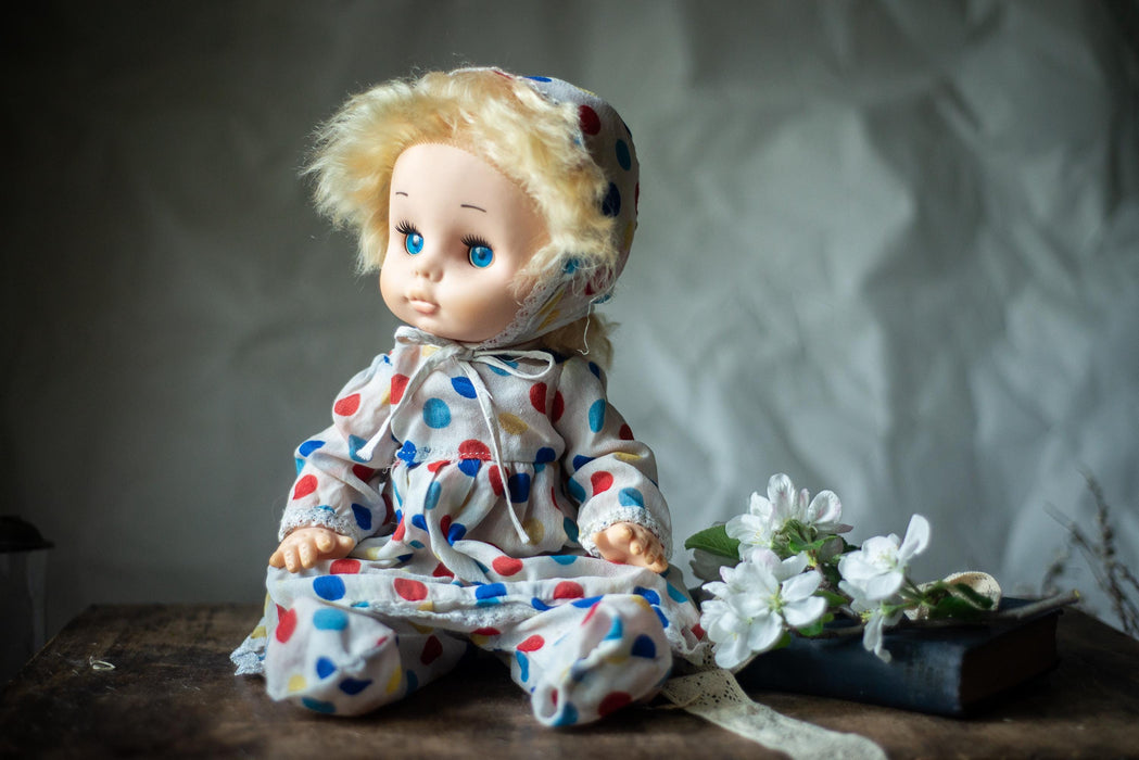 vintage 1970s german doll, Blue-Eyed Polka Dot Outfit Doll