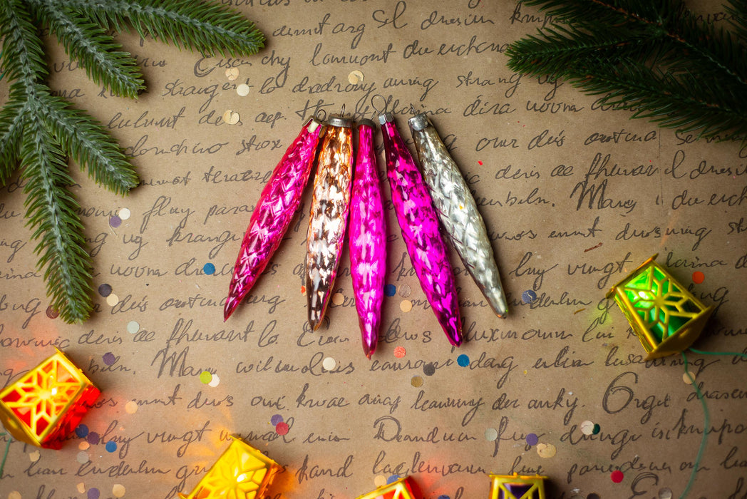 Pink Glass Icicle Christmas Ornaments, Vintage Set of 5