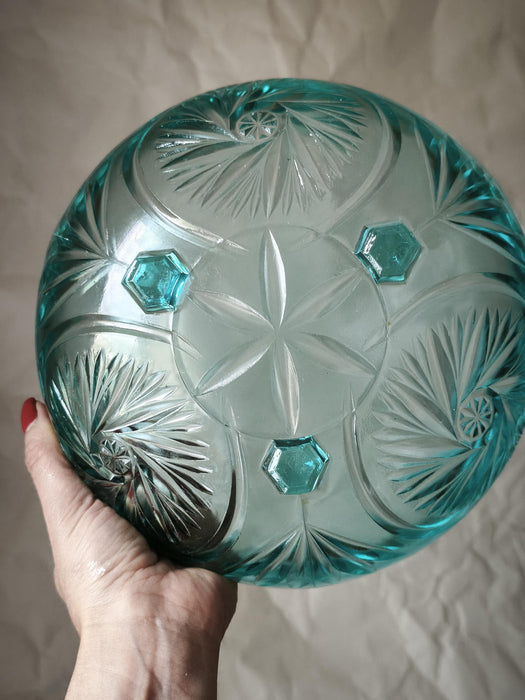 Vintage Glass Bowl – Blue Turquoise Fruit Serving Dish with Pressed Starburst Pattern