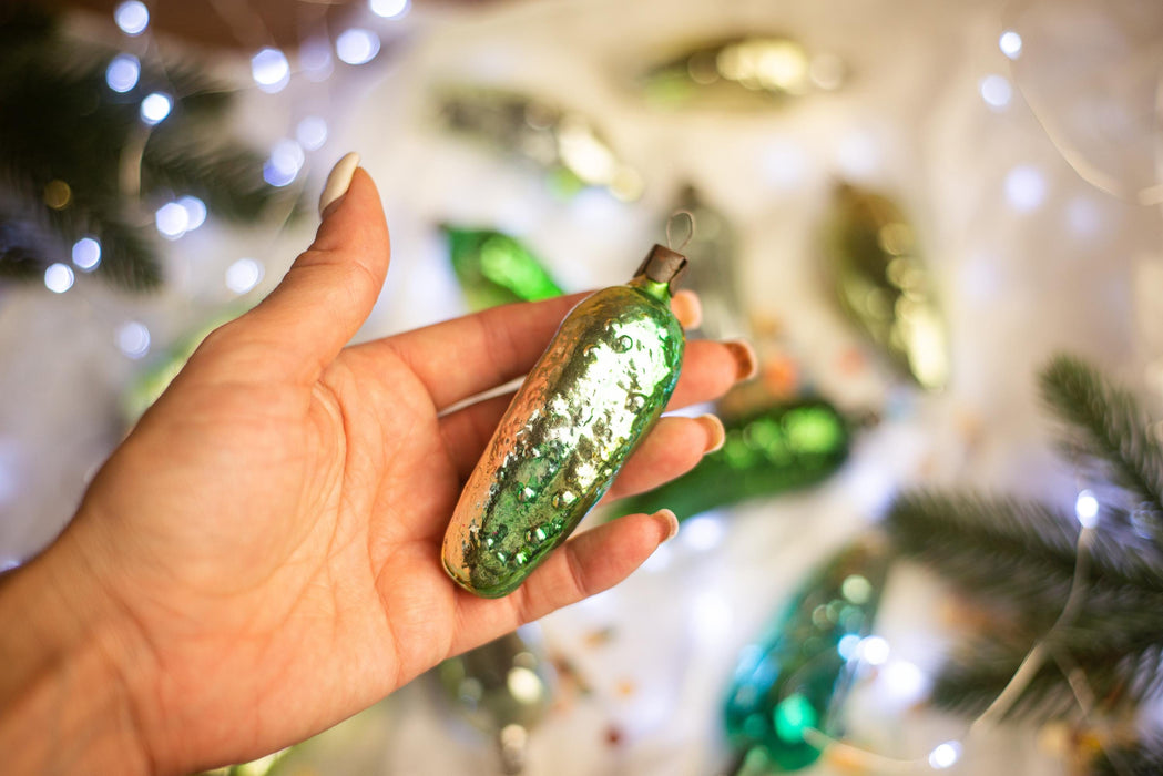 Vintage Glass Christmas Pickle Ornament, Green Cucumber