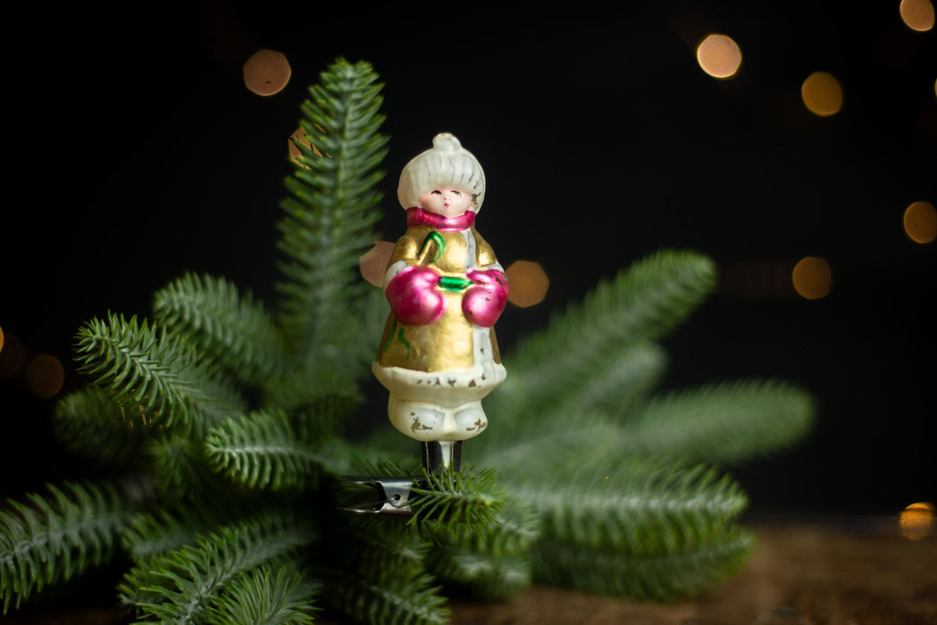 Vintage Glass Christmas Ornament Girl with Red Mittens