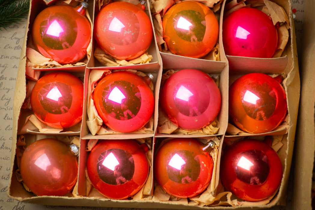 Vintage Red Glass Christmas Ball Ornaments Set of 12, Original Soviet Box