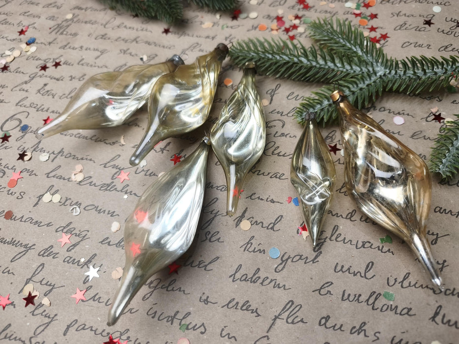 Vintage Silver Glass Christmas Ornaments, Ribbed Icicles and Lantern Bauble Sets