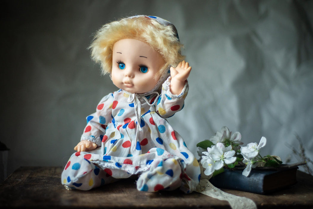 vintage 1970s german doll, Blue-Eyed Polka Dot Outfit Doll