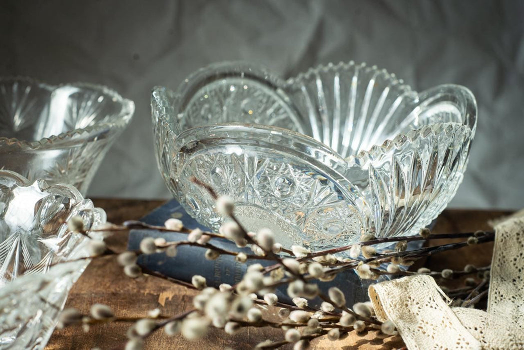 Vintage Cut Crystal Bowl, 1970s Clear Glass Fruit Dish