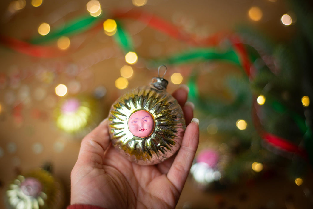 Sol de Mayo Sun Face Glass Ornament, Vintage Style