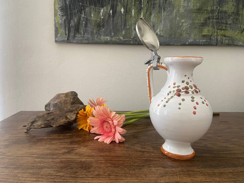 Vintage Ceramic Pitcher - Hand Painted Jug With Metal Lid | 1970s German Carafe