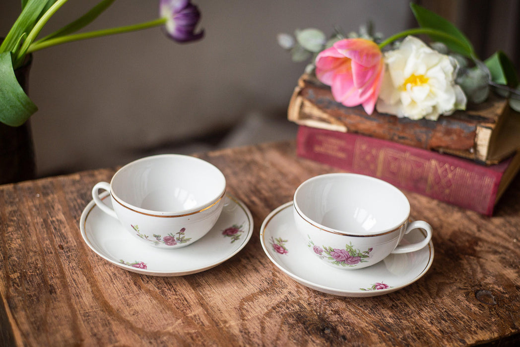 Vintage White Porcelain Cup and Saucer with Pink Floral Pattern, 1970s