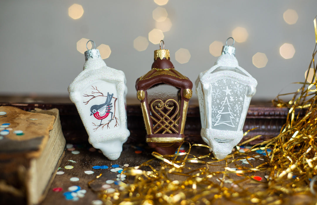 Vintage Glass Lantern Ornament, Hand Painted Christmas