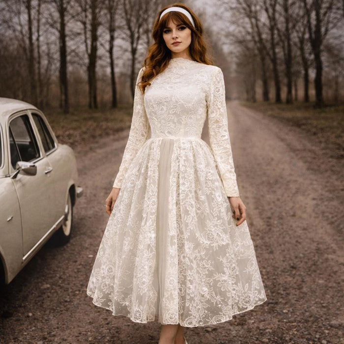 1950s Vintage Wedding Dress – Ivory Lace Tulle Tea Length Gown With Long Sleeves