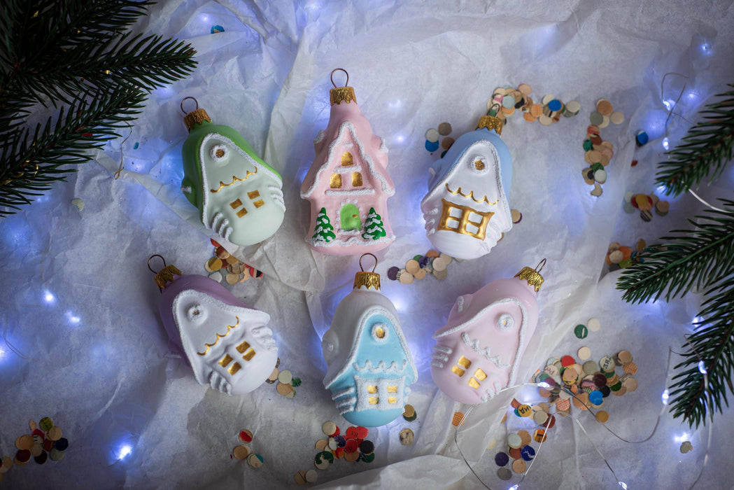 Glass houses Christmas ornaments, rustic candy pastel Xmas hanging decorations, Christmas gift
